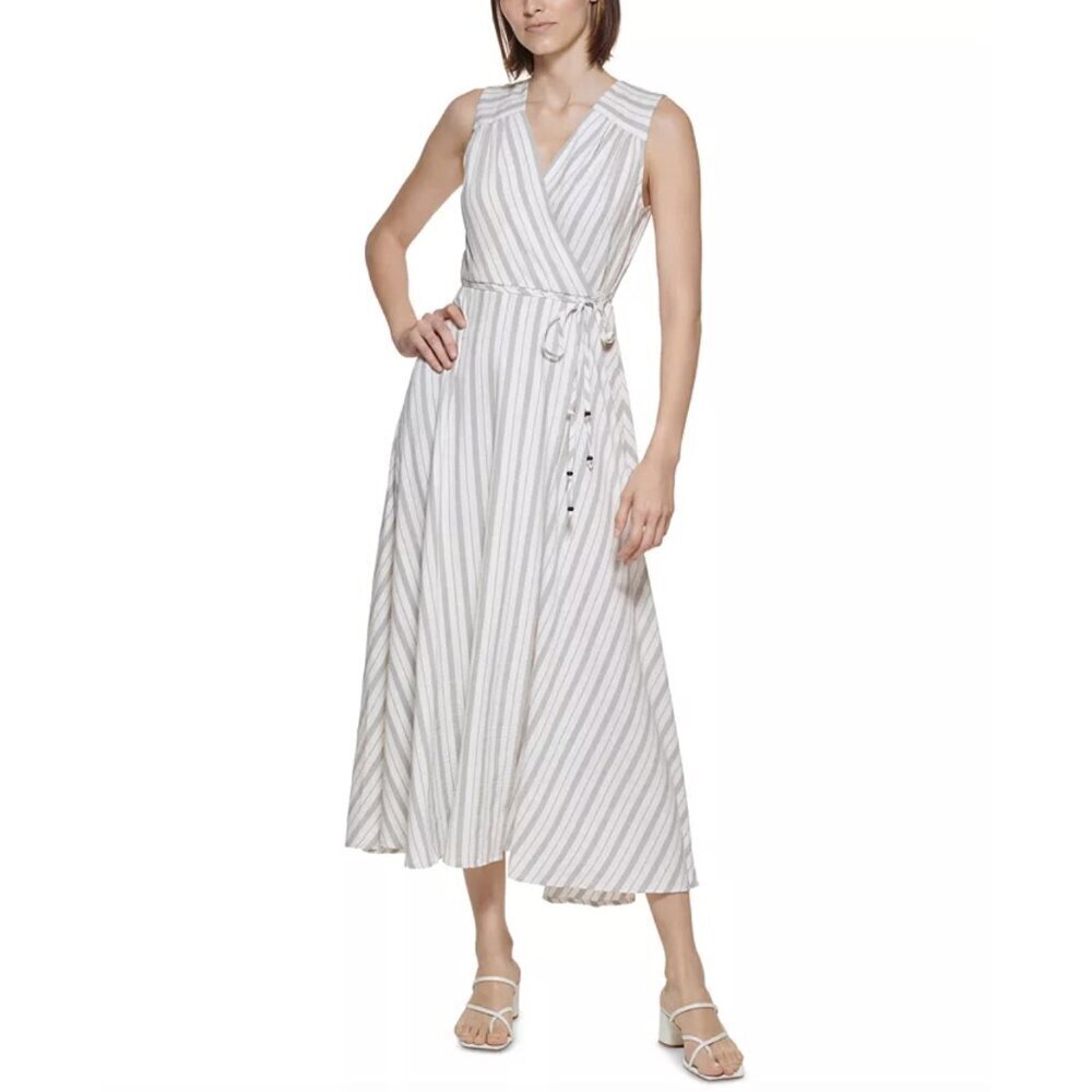 Calvin Klein NWT Faux-Wrap White + Gray Striped Sleeveless Maxi Dress, size 10